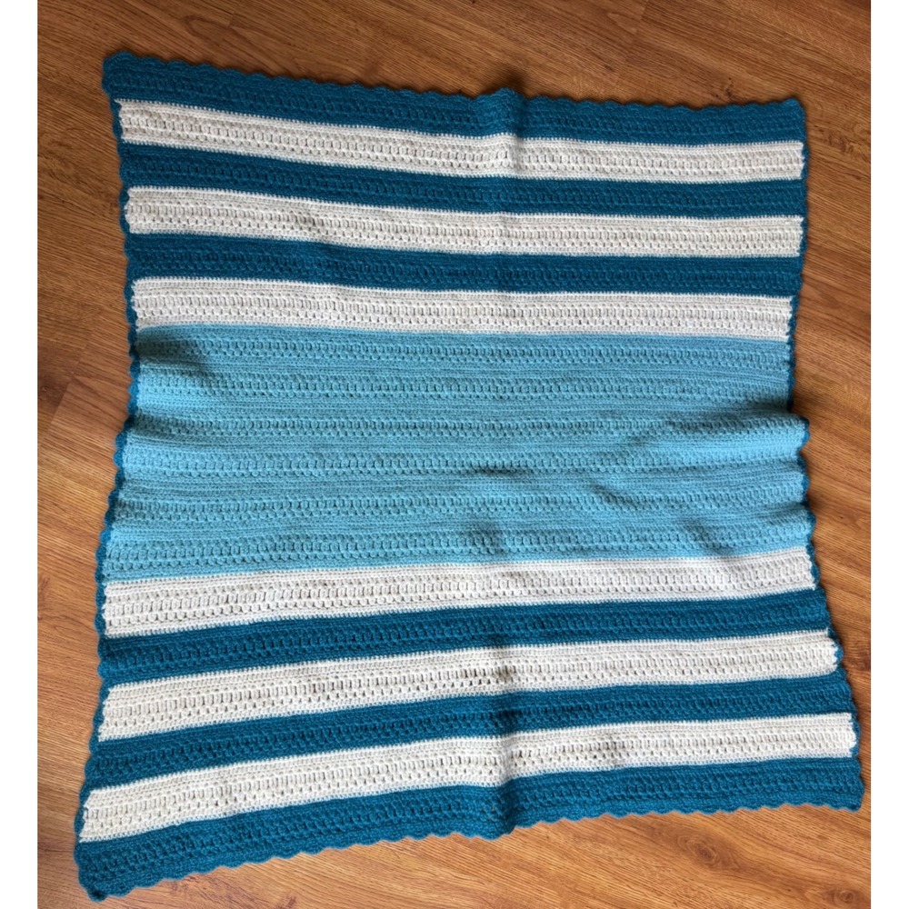 Handmade Crochet Baby Blanket Striped Teal Blue Cream Scalloped Edge Throw 42x44